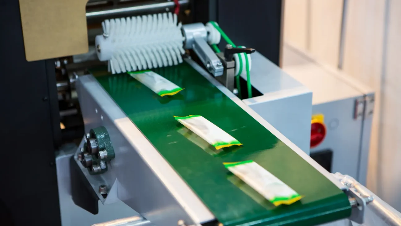 Close-up of a packaging machine conveyor belt with sealed products, possibly snack bars, moving along the green surface toward a white rotating brush.