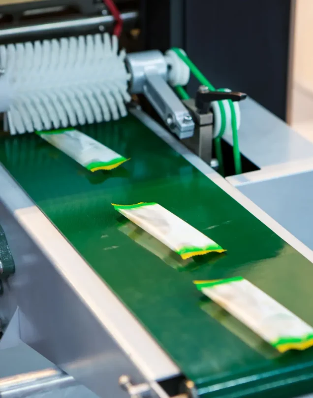 Close-up of a packaging machine conveyor belt with sealed products, possibly snack bars, moving along the green surface toward a white rotating brush.