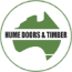 A green silhouette of Australia with the words "Hume Doors & Timber" across the center, all within a thin green circle on a white background.