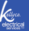 White text on a blue background reads "Kellyco. electrical services." The word "Kellyco." is in a large, cursive font above the rest of the text, which is in a smaller, plain font.