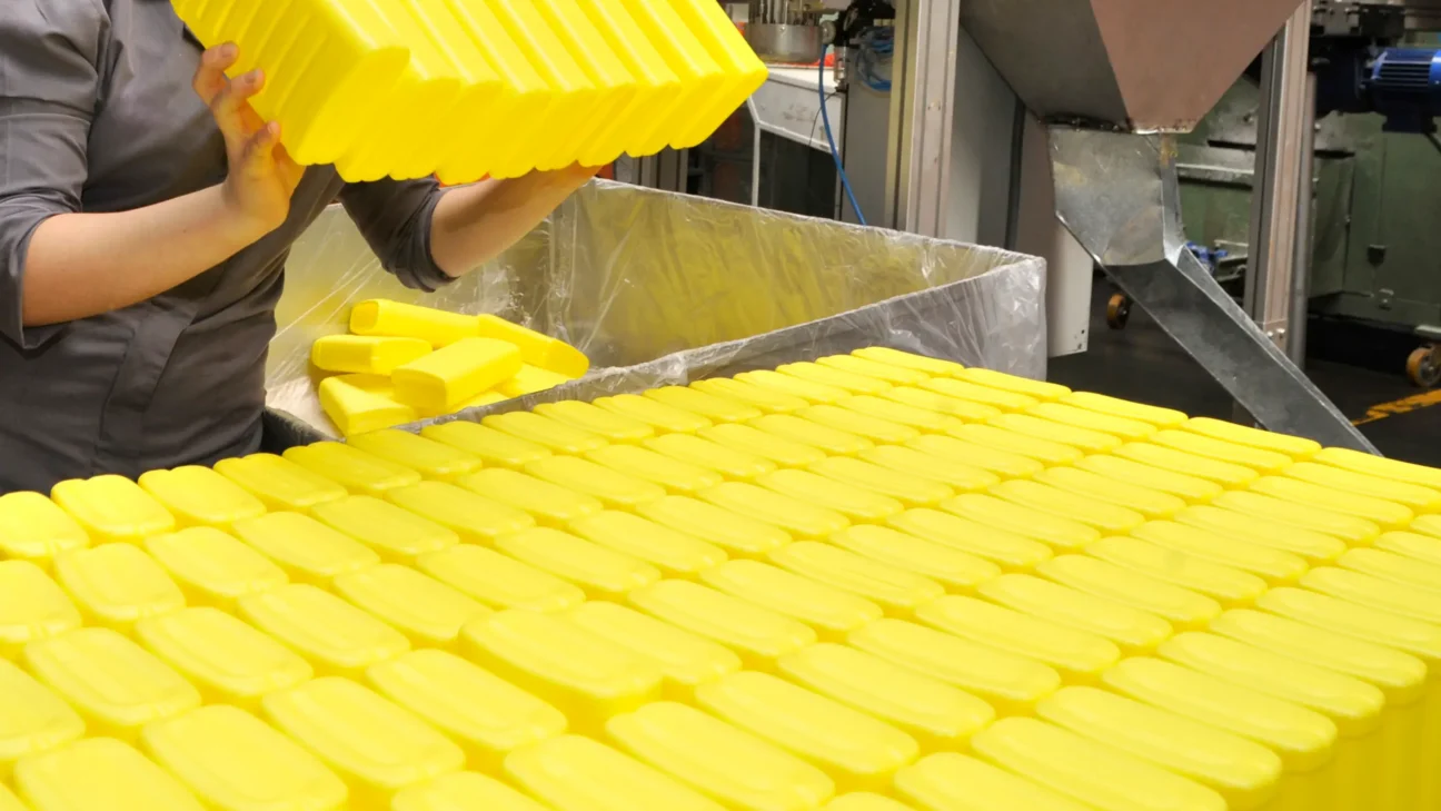 A person handles bright yellow rectangular plastic containers, arranging them in an organized manner on a table in an industrial setting.
