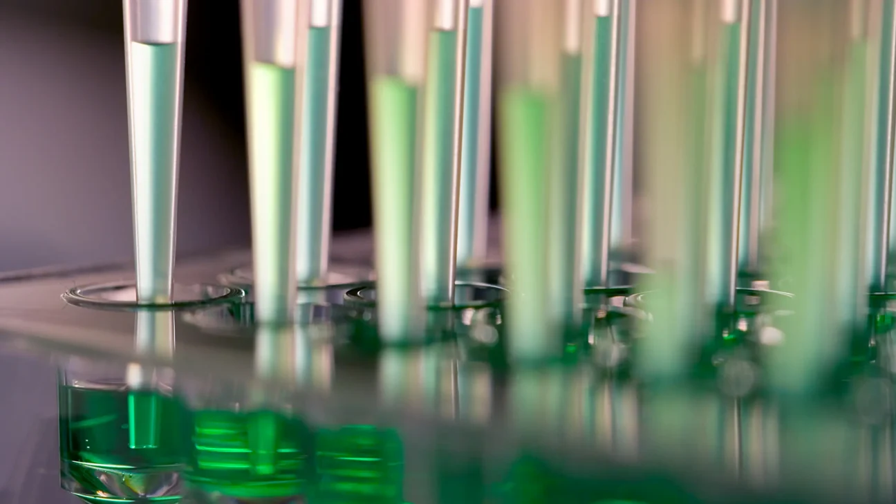 A close-up of several pipettes dispensing green liquid into wells of a transparent laboratory plate, suggesting a scientific or medical experiment in progress.
