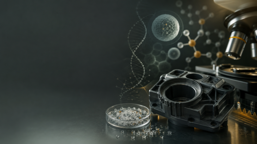 A microscope, a plastic component, a petri dish with small beads, and DNA and molecule illustrations depict scientific and technological research.