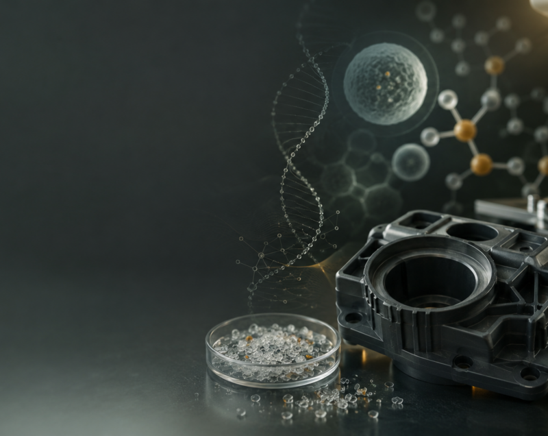 A microscope, a plastic component, a petri dish with small beads, and DNA and molecule illustrations depict scientific and technological research.