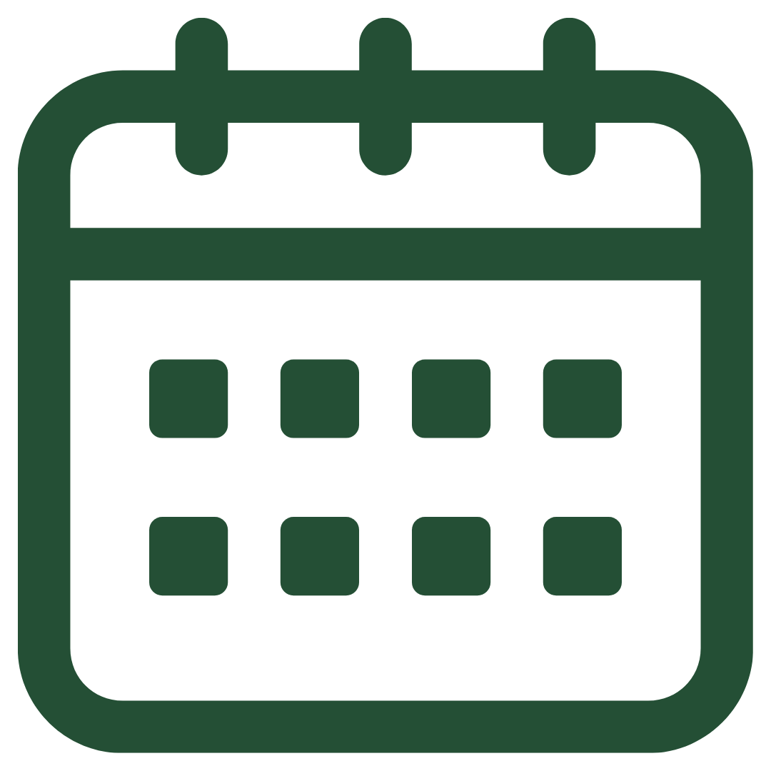 A simple dark green calendar icon with rounded edges, three rings at the top, and a grid of six squares representing days or events.