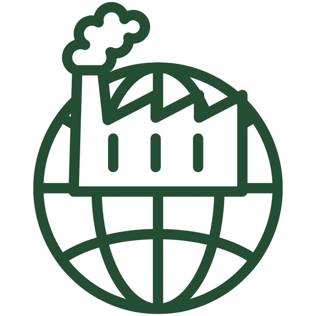 A green outline of a factory with smoke stacks is superimposed over a globe, symbolizing industrial impact on the environment.