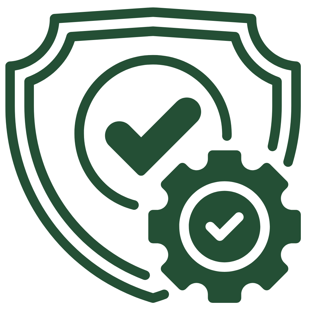 Dark green shield outline with a checkmark inside a circle, and a gear with a checkmark in the center, representing security and quality assurance.