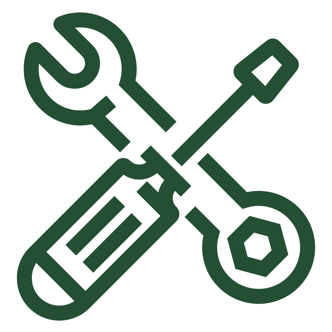 A green outline icon of a wrench and a screwdriver crossed over each other on a white background, symbolizing tools or settings.